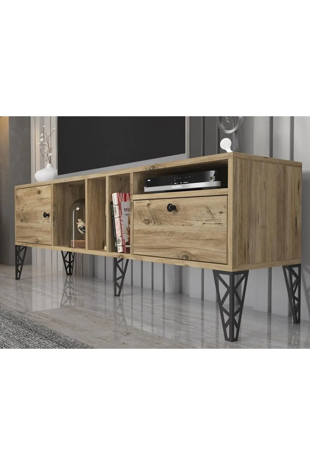 Cercei 160 Cm Metal Ayaklı Tv Ünitesi - Atlantik Çam / Siyah